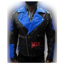 Handmade Men's Black Biker Speed Ribbed Blue Collar Fashion Leather Jacket