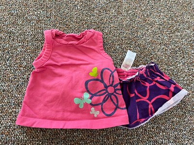 Carter's Girls Pink & Purple Flower Outfit with Skirt 0-3M