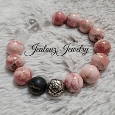 Sterling Silver Jasmine Flower 12mm Rhodochrosite Gemstone Yoga Stretch Bracelet