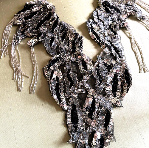 bead sequins large collar glass black silver fringe netting 1pc hand sewn - Picture 4 of 11