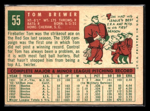 1959 Topps #55 Tom Brewer - EX/NM Set Break! - Picture 2 of 2
