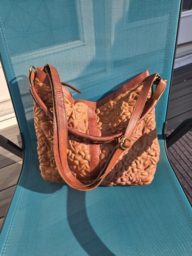 Sundance Leather Double Handle Hobo Handbag Brown Tooled Raised Puffy - Picture 3 of 13
