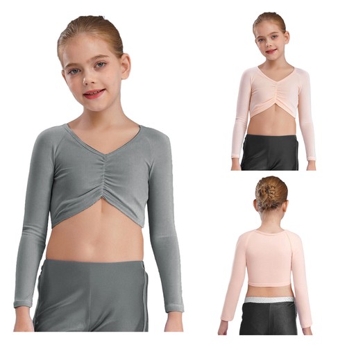 Girls Crop Top Long Sleeve Shirt Stage Performance Tops Modern Shrug Warm Up - Picture 2 of 32