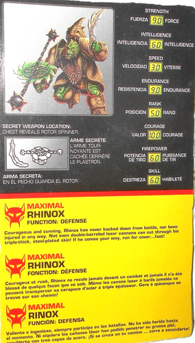 Transformers Beast Wars 1995 RHINOX File Card Tech Specs 1996 Canada French - Bild 2 von 2