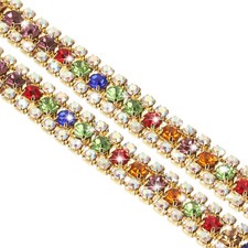 1 Yard 3 Rows Rhinestone Chain Trim, AB and Multicolor Rhinestone with Gold Base