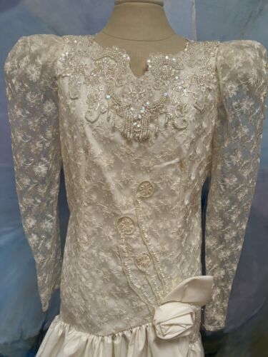 Vtg 1980s 80s Boho Prom Wedding Dress Lace Pearl Beaded Sequin Puff Sleeve