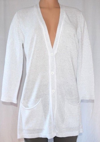 AMINA RUBINACCI KNIT DEEP VNECK METALLIC 3/4 SLEEVES FRONT BUTTON CARDIGAN SZ 46 - Picture 2 of 12