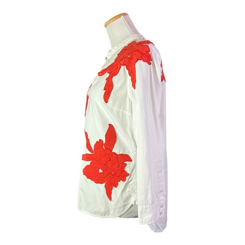 Tory Burch Size 4 Appliqué Tunic Popover Shirt White Red Floral Cotton - Picture 10 of 14