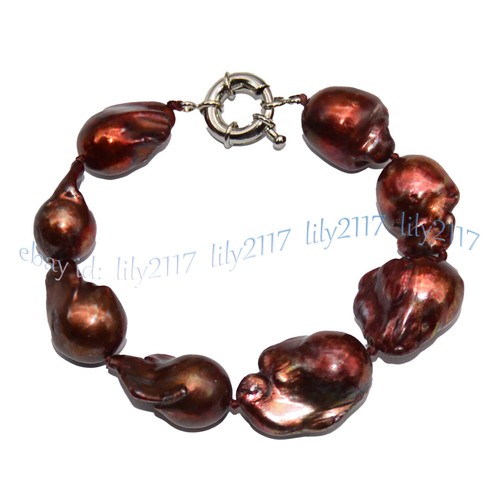 HUGE 15x22mm REAL BROWN RED SOUTH SEA REBORN BAROQUE PEARL BRACELET 7.5 INCHES - Picture 2 of 7
