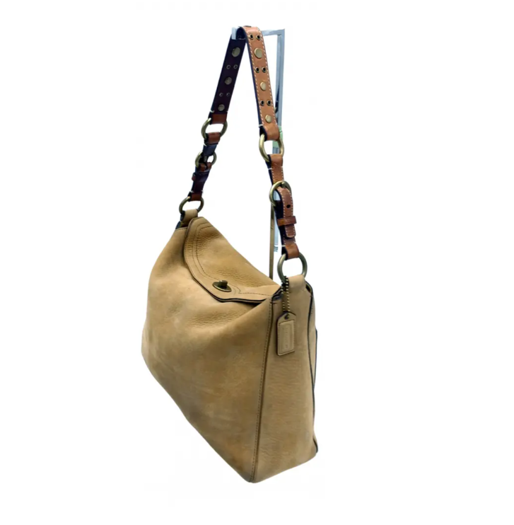 バッグ Coach Legacy Turn Lock Suede Bag Coach Vintage Turn Lock Beige Suede Shoulder Bag w/Leather