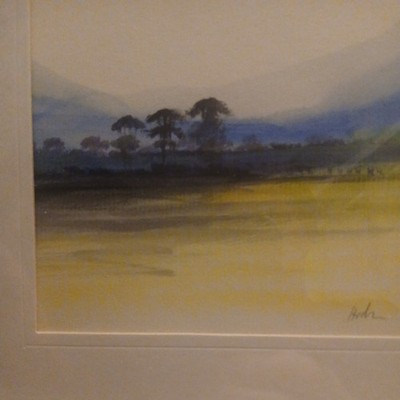 Original Gemälde von Peter Hodson Landschaft mit 3 Bäumen grüner Vordergrund 28 cm