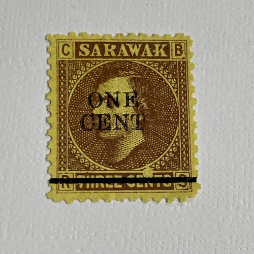 SARAWAK, 1892 ONE CENT on 3c. Brown on Yellow MH - Picture 1 of 2