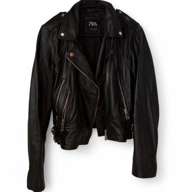Genuine Black Leather Moto Jacket Zara Silver Zipper Rock Goth Punk Chic Style