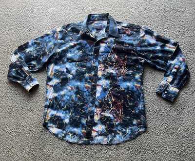 VNT 90s Wrangler Flames Bulls Rodeo Pearl Snap Button Up Shirt Mens XL blue