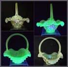 Fenton 10" Topaz Basket 1998 Hot UV Shelly Fenton HP by P Lane Vaseline Glass