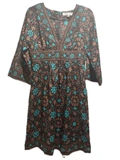 Vintage Trina Turk Brown & Turquoise Floral Dress. Wide Sleeves Size 8