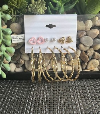 Hearts and HOOPS Six Pair Earrings Set Great for Valentines Day! New with Tags