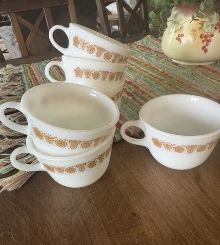 Vintage Pyrex “Butterfly Gold” Milk Glass Coffee Mug Cups Set of 6 C Handles