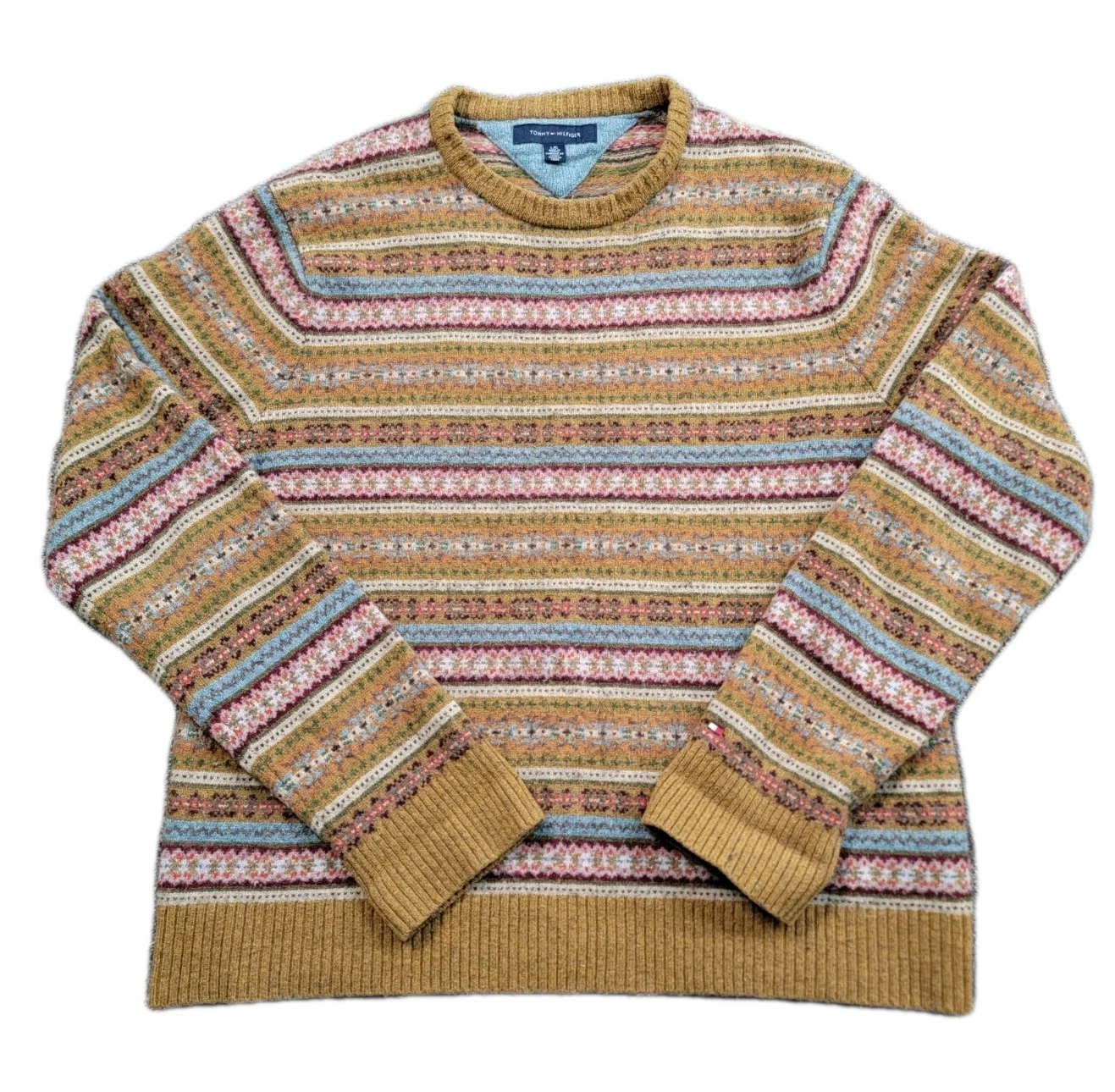 Tommy Hilfiger Fair Isle Nordic Sweater Men Large Lambswool Blend Knit
