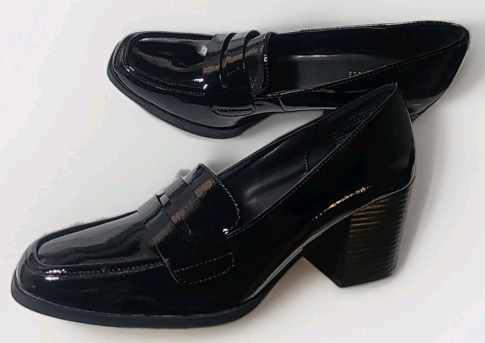 Kenneth Cole Reaction Elsa Negro Charol Bloque Tacón Mocasines 9.5 Zapatos Preppy Foto 2 de 4