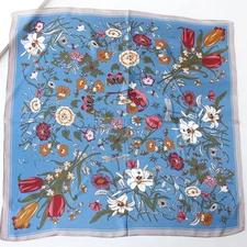 100% Silk Scarf Women Blue Flower Small Hand Neckerchief Wrap Bandana 53*53cm