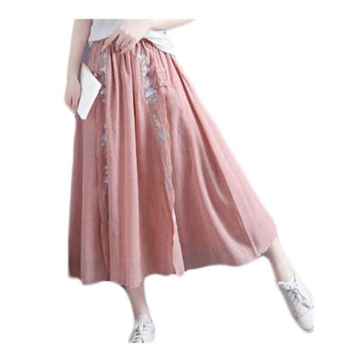 Chinese Style Embroidered Midi Skirt Two-layer Slit Vintage Long Skirt Casual Co