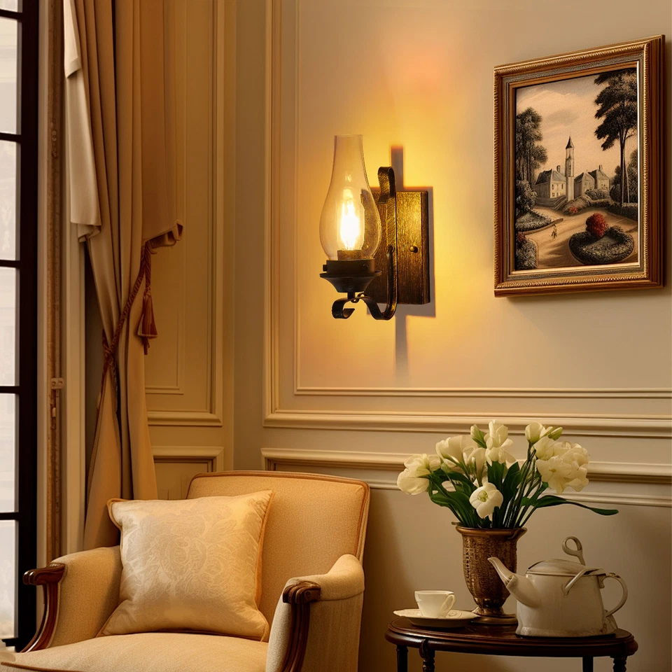 Paquete de 2 luces de pared LED negras vintage para granja aplique de porche con vidrio ámbar Foto 2 de 4