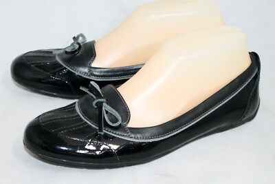 LL BEAN Coastal Rain Skimmer Duck Flat Women Size 7 Black Patent Lthr Bow Accent