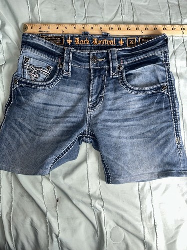 Rock Revival Dobson Slim Straight Denim Shorts Flap Pockets Rhinestone Blue 31 - Bild 9 von 12