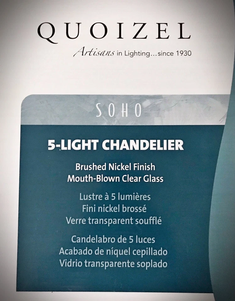 "Lámpara de araña Quoizel de níquel de 5 luces de 24"" de ancho con cortinas de vidrio transparente soplado en boca" Foto 2 de 4