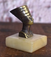 Vintage Egyptian Queen Nefertiti Brass Bust on Marble Base