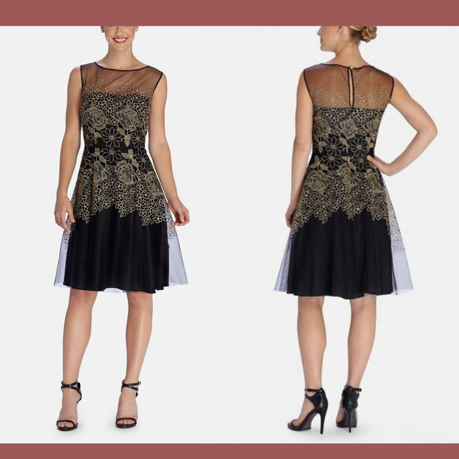 tahari black and gold dress