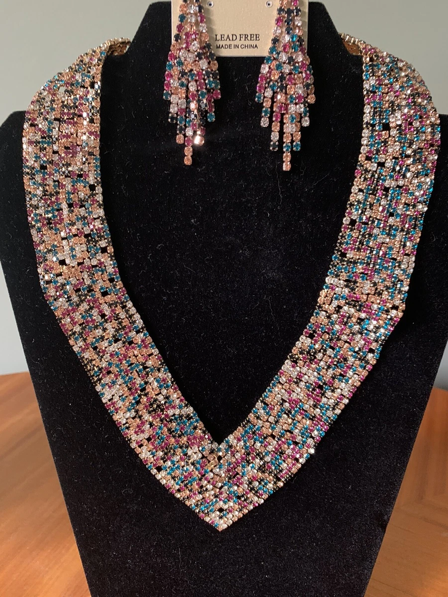Natasha Necklace and Earring set Multi color Stones Yellow Gold Toned Backing
