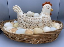  GREAT CENTERPIECE  Large Ceramic Hen Nesting In A Woven Basket Full Of Eggs