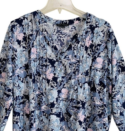 Napa Valley Blouse Top Women’s Sz Large Blue Floral Pleated Front V-Neck Stretch - Picture 2 of 9