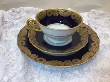 Vintage German Porcelain Cobalt Blue Gold Lace Trio Tea Cup Saucer Dessert Plate