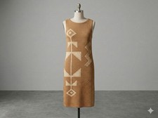 Lauren Ralph Lauren Geometric Knit Sleeveless Dress | Camel & Cream | Size XS