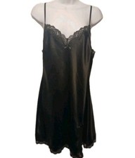 Victoria s Secret Size L Black Satin Side Slit Chemise Nightgown Lingerie Slip