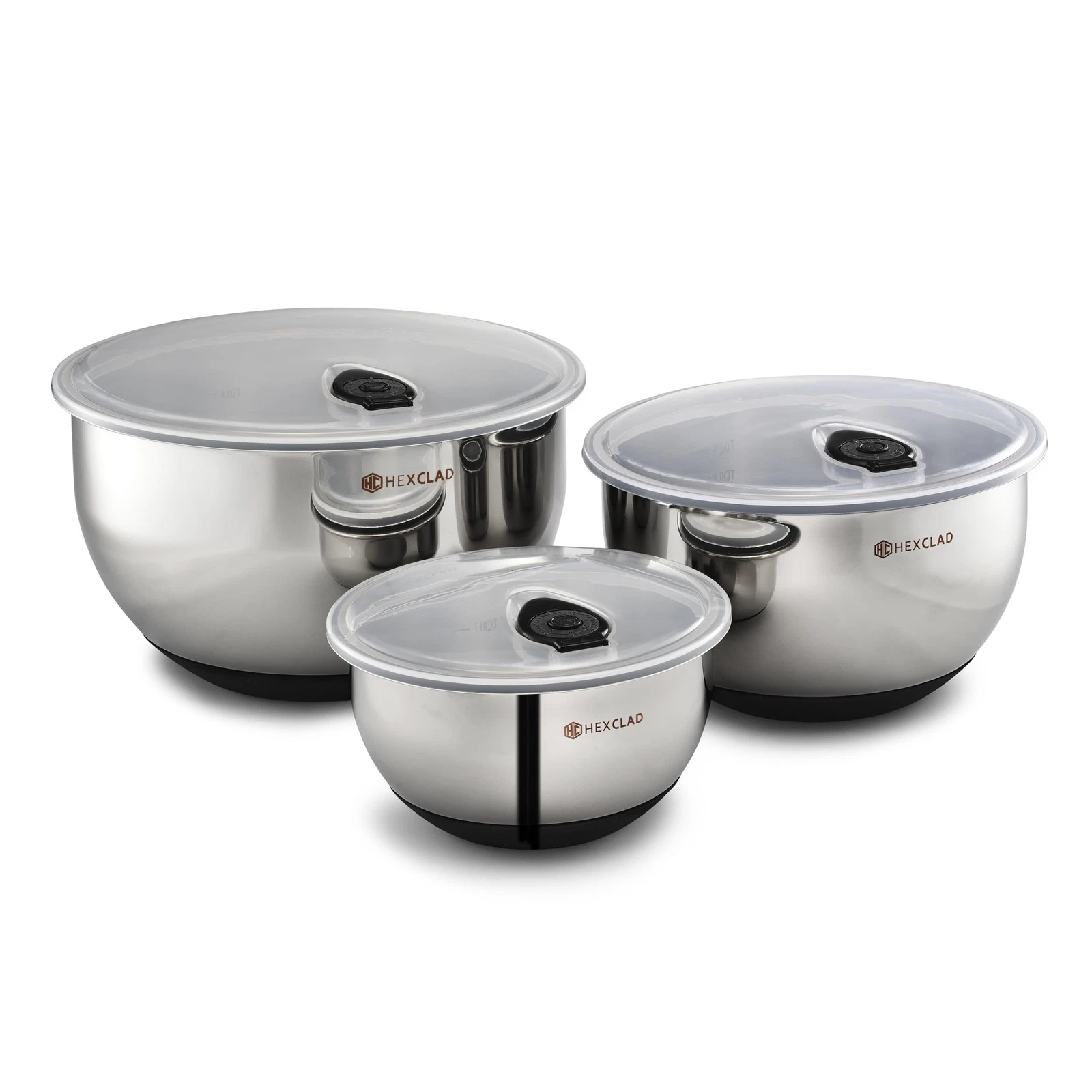Stainless Steel Mixing Bowl Set, 3-Piece with Vacuum Seal Lids and Non-Slip B...