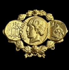 Vintage gold-tone statement brooch faux classical Greek & Roman coins