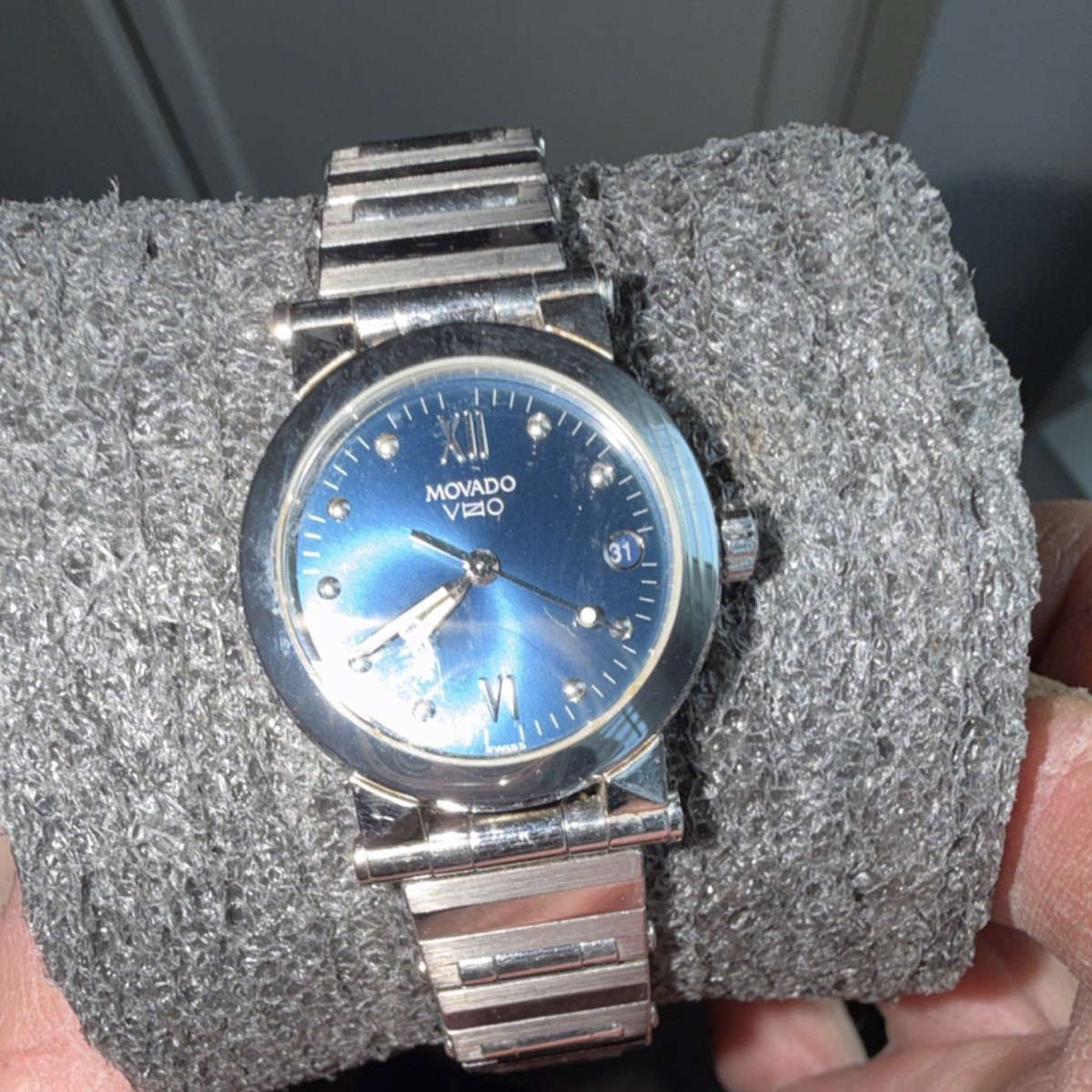 Movado Vizio Blue Sunburst Dial Silver Metal Quartz Dress Watch
