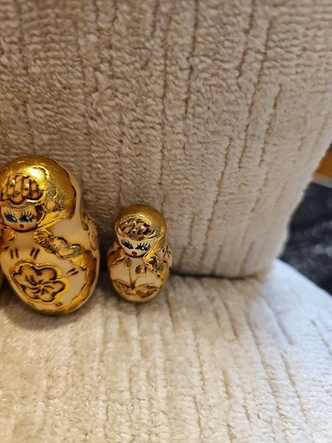 VTG Handmade Matryoshka Pyrography Wooden Russian Nesting Dolls 5 Gold Gilt - Picture 6 of 8