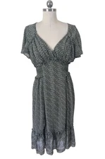 Max Studio Dress Womens Medium Green Floral Midi Smocked Tiered Ruffle Peasant