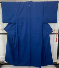 Japanese Vintage Kimono Polyester Blue Family crest Traditional Length 64 in