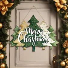 BBTO Merry Christmas Door Sign: Lime Green Buffalo Plaid Tree Wood Farmhouse Han