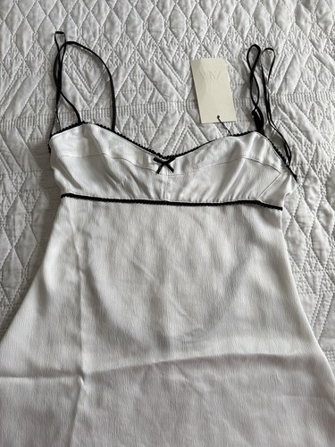 ZARA SATIN SLIP DRESS WHITE SHORT DRESS SIZE S CONTRAST LACE TRIMS AND BOW NEW - Picture 12 of 17
