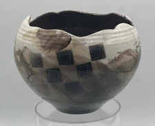 Vintage Abstract Thin Art Pottery Bowl Studio Art Signed Glossy Earthtones