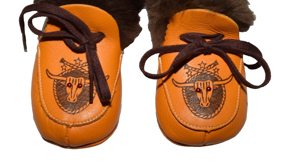 Western Brown Leather Fur Trim Beaded Steer Head Toddlers Moccasins Size 4 New - Image 4 of 4