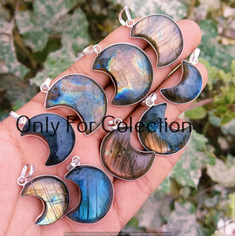 925 Sterling Silver Plated Labradorite Gemstone Moon Pendant Lot Bulk Jewelry - Image 2 of 2