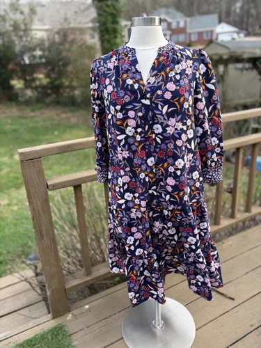 Draper James Women's Loretta Dress Navy Floral, Tiered Skirt, Small, 3/4 Sleeve